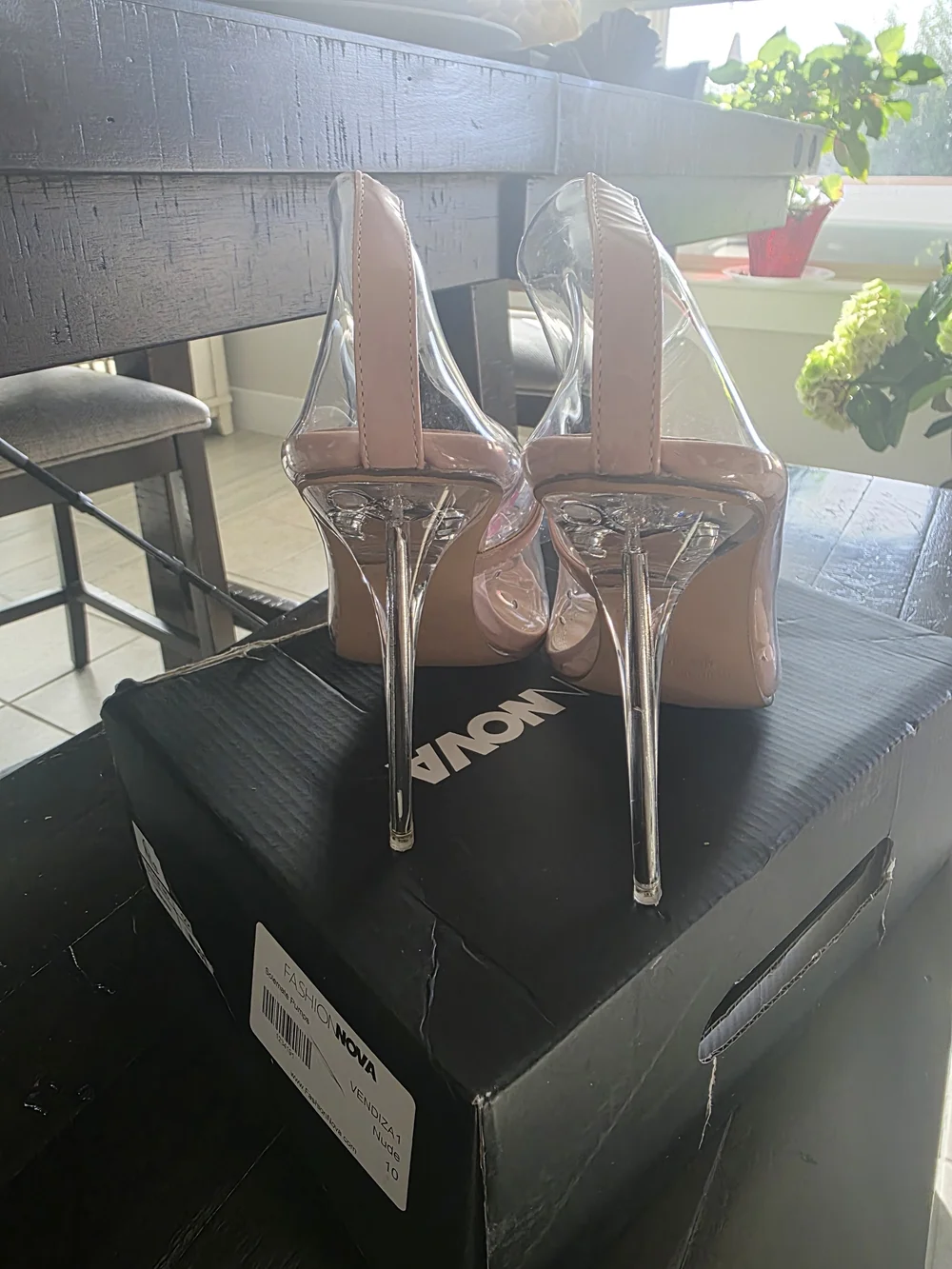 Clear PVC Pointed-Toe Pumps with Pink Floral Accent - Women
